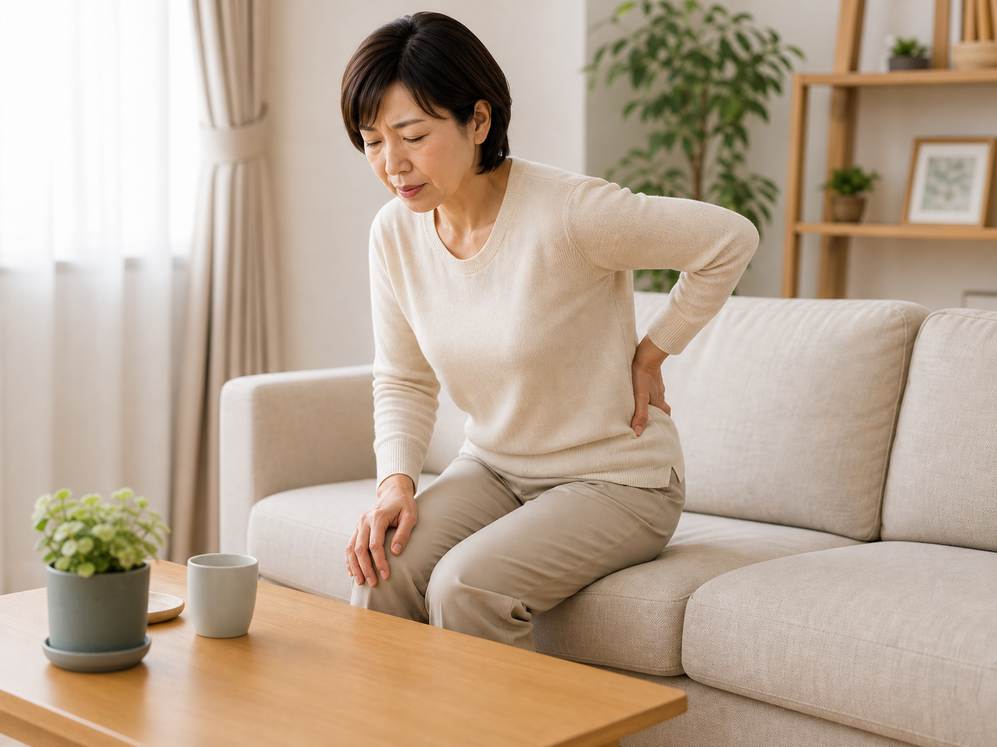 急な腰や膝の痛みに悩む女性