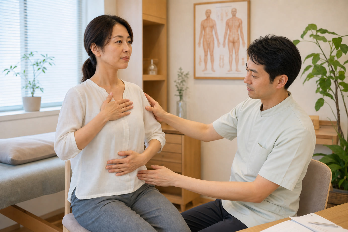 全身の状態を確認しながら行う施術の様子