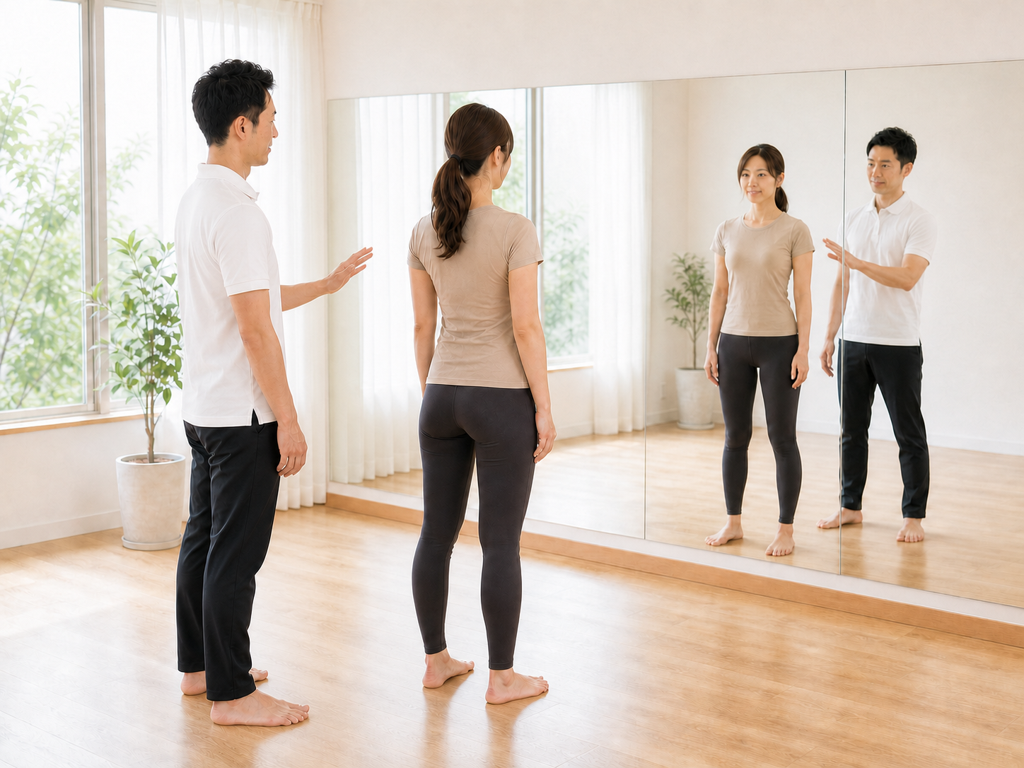 鏡の前で姿勢を確認するレッスンの様子