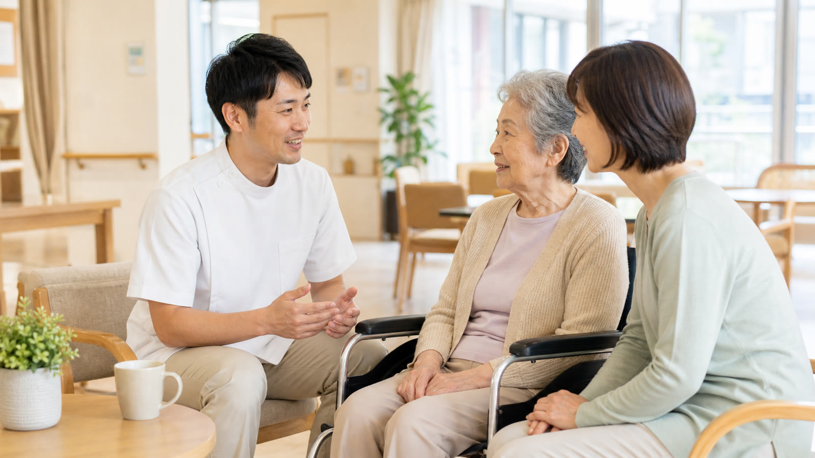 施設で訪問鍼灸マッサージの説明を受ける様子
